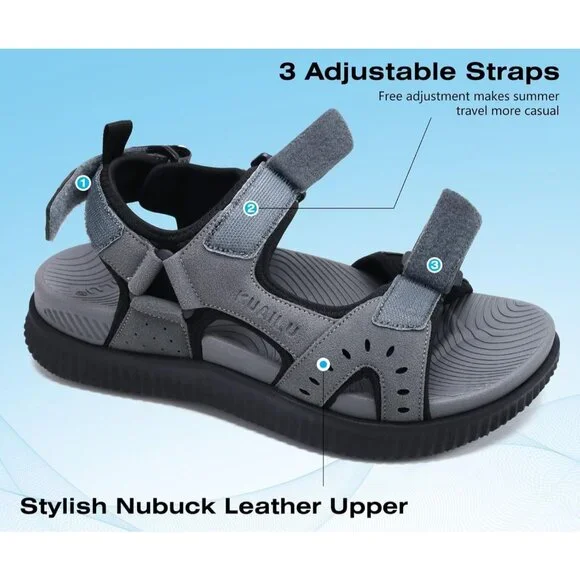 Casual Hiking Sandals Men's Gray Athletic Cushioned Walking Fisherman Shoes - Picture 3 of 9